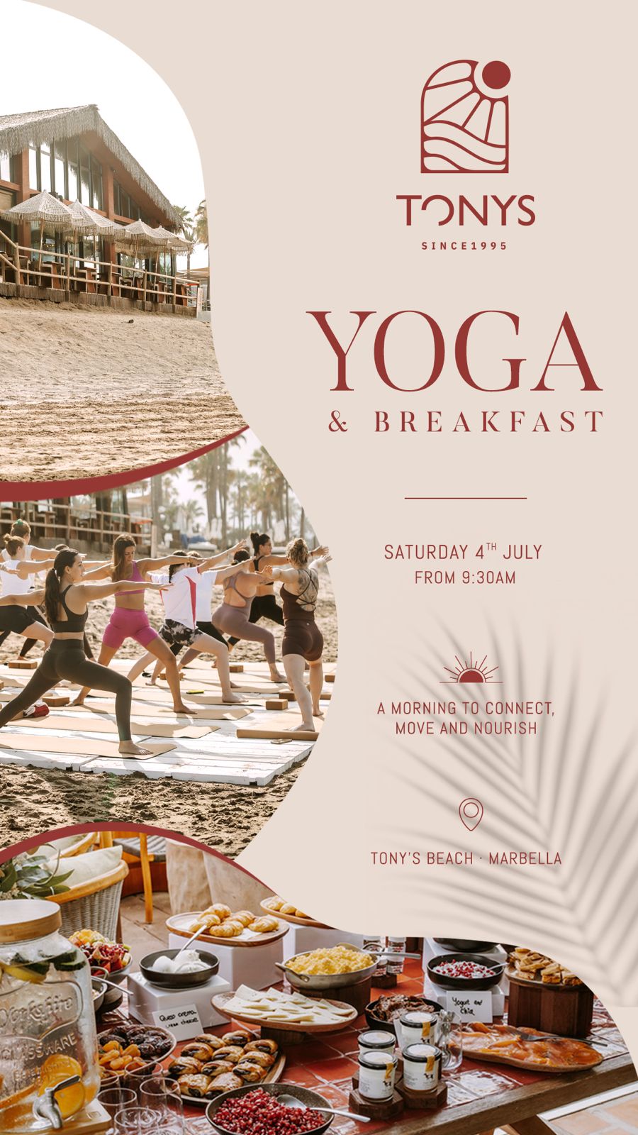 Cartel de Yoga & Breakfast en Tonys Beach del 4 de julio de 2026