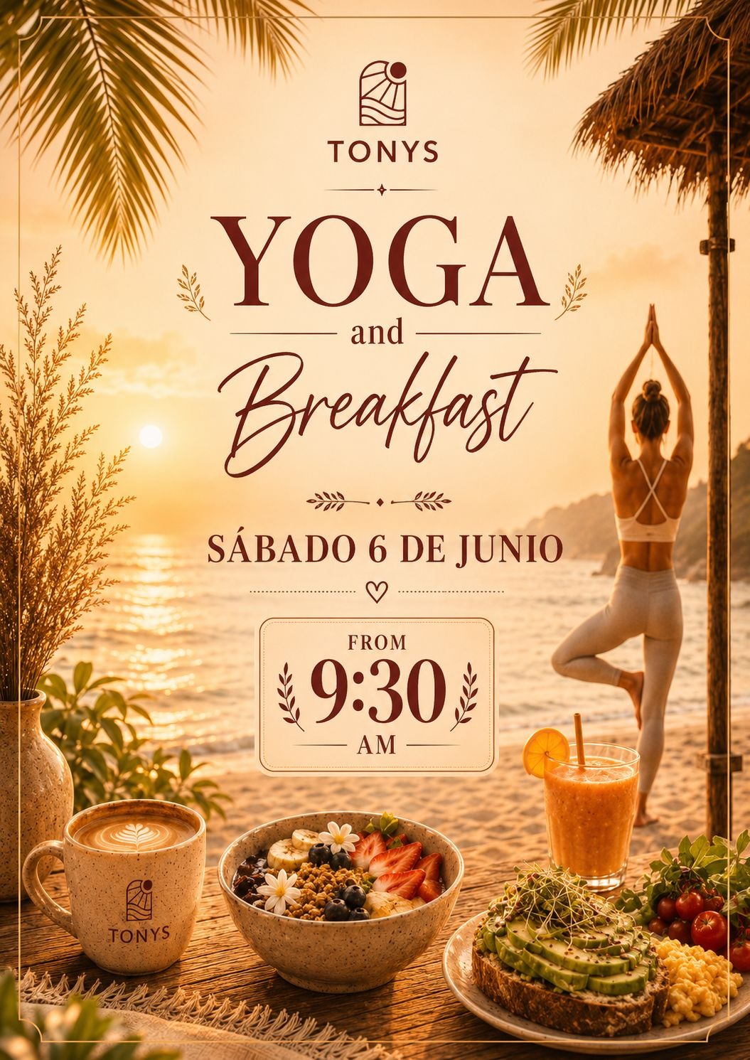 Cartel de Yoga & Breakfast en Tonys Beach del 6 de junio de 2026