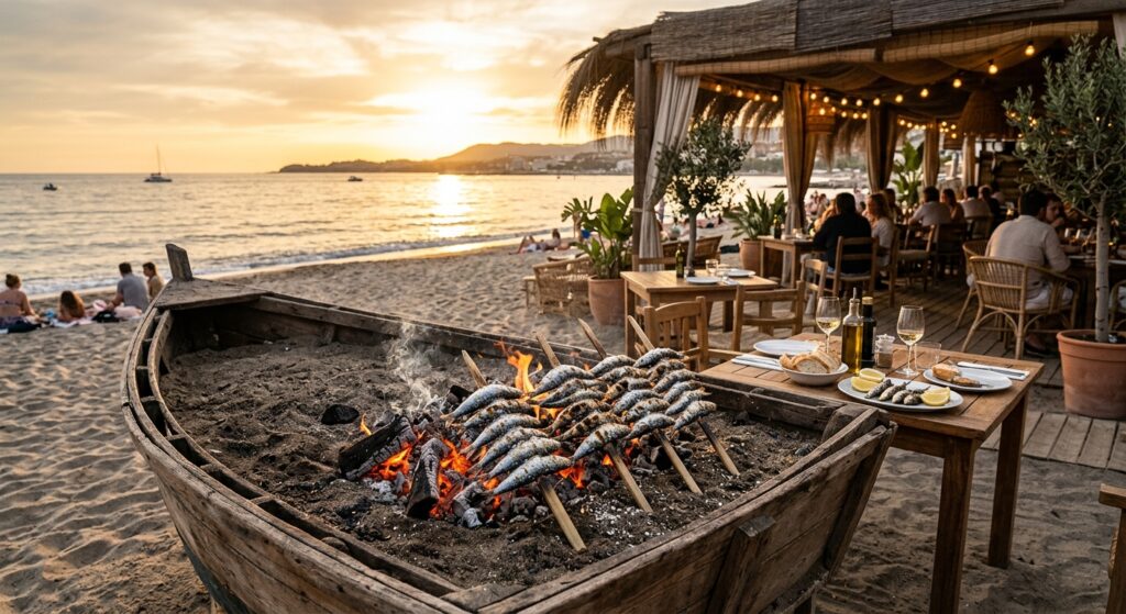 Beach restaurant in Marbella with grilled espetos by the sea