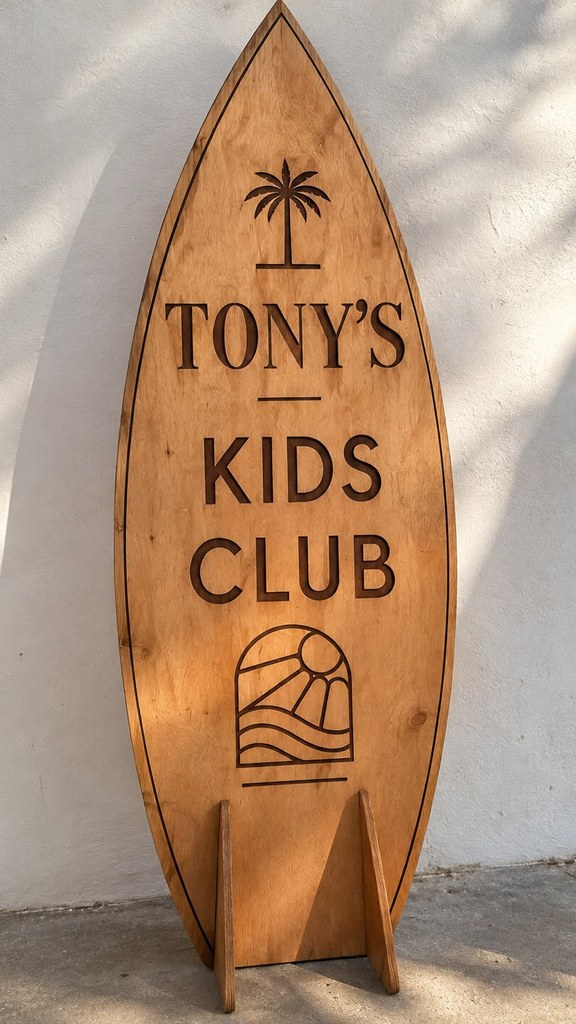 Cartel del Tony's Kids Club, el restaurante con zona infantil en Marbella, en la playa de Elviria